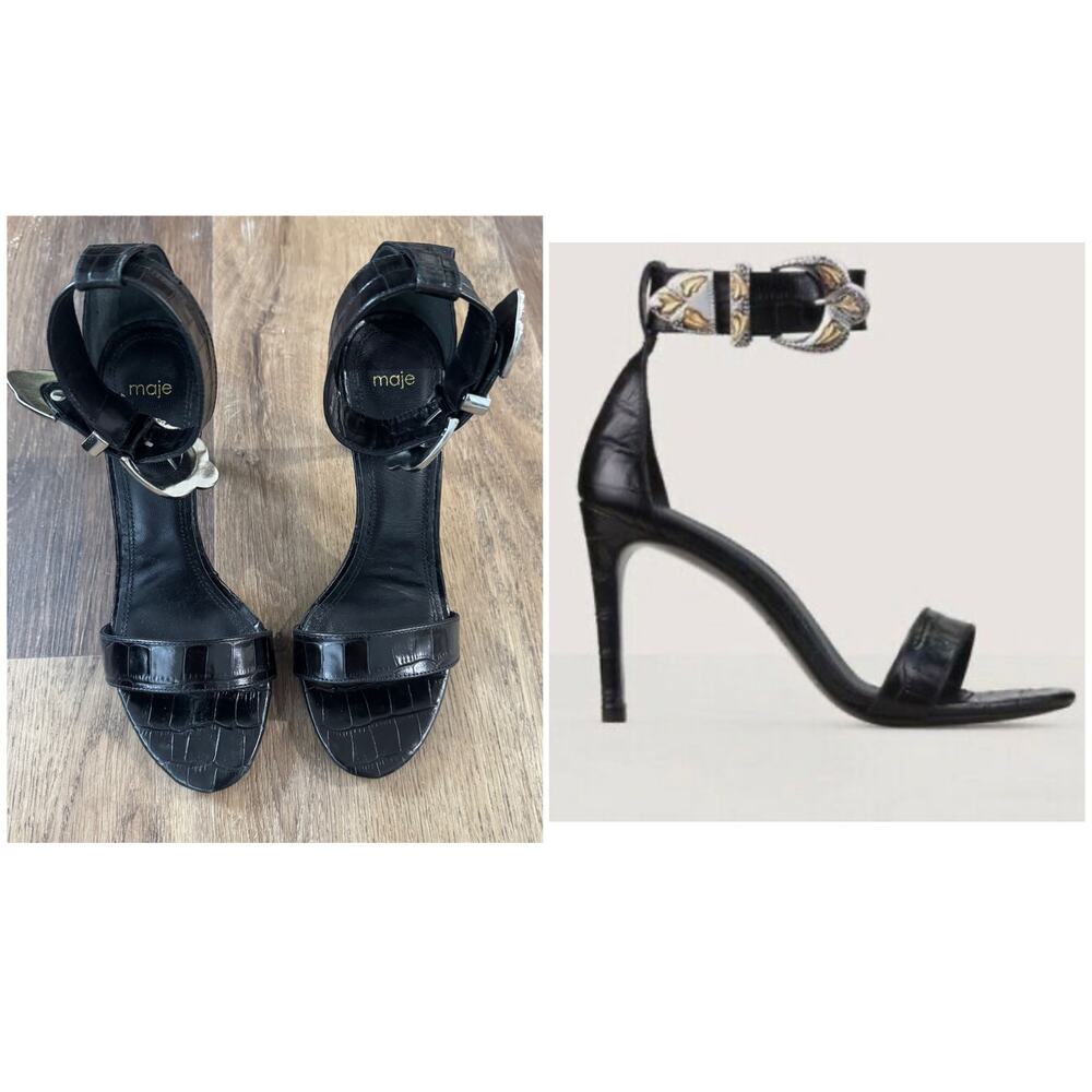 Maje Falbario Croc Embossed Heels in Black